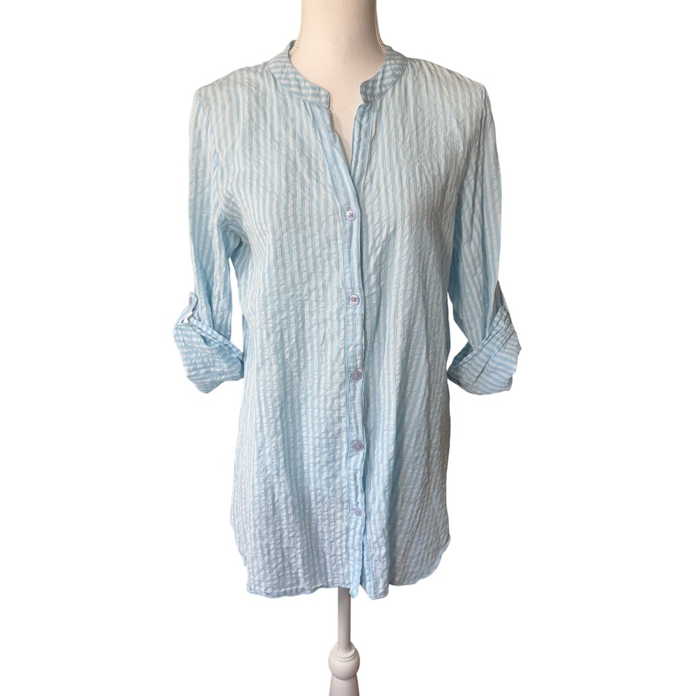Ronnie Salloway Blue White Striped Rayon Roll Tab Tunic Top Medium Coastal Beach